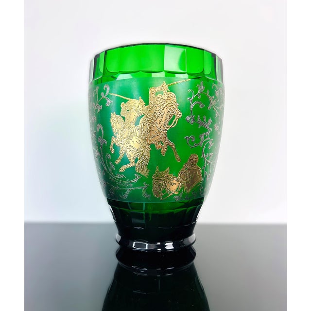 Glass Large Green Art Glass Don Quijote Vase with Gold Painted Decor, Former Czechoslovakia, 1930 For Sale - Image 7 of 7