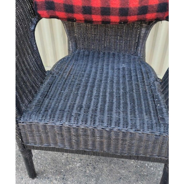 Black Wicker Chair W/ Buck Plaid Seat Cushions For Sale In Los Angeles - Image 6 of 13