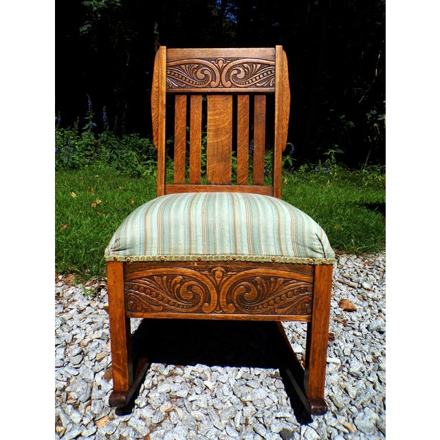 Antique Arts & Crafts Art Nouveau Mission Solid Oak Rocker Rocking Chair For Sale - Image 9 of 17