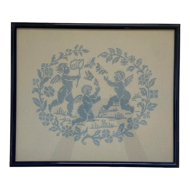 Late 20th Century Framed Cherub Needlepoint For Sale