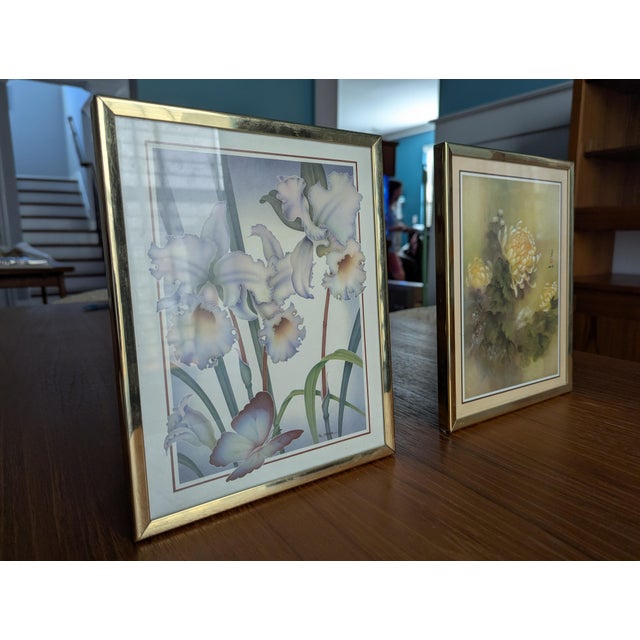 Vintage Mid-Century Pastel Florals & Brass Gallery Framed Art Prints — A Pair For Sale - Image 4 of 6