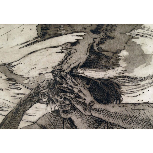 Unique etching of a female figure submersed beneath the surface of water by California and Hawaii artist Carol Bennett...
