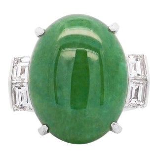 10.91 Carat Oval Jadeite Jade & Baguette Diamond Platinum Filigree Ring Size 6.5 For Sale