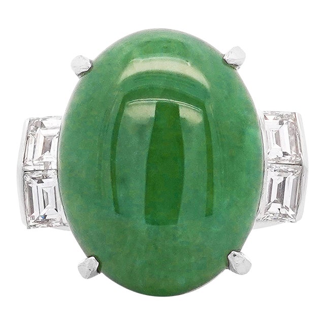 10.91 Carat Oval Jadeite Jade & Baguette Diamond Platinum Filigree Ring Size 6.5 For Sale