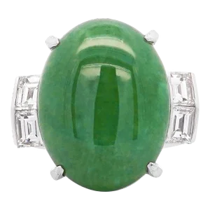 10.91 Carat Oval Jadeite Jade & Baguette Diamond Platinum Filigree Ring Size 6.5