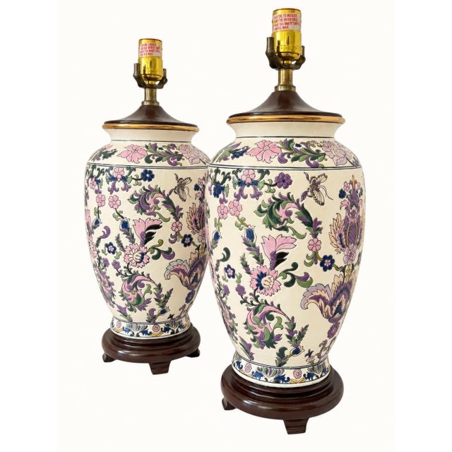 1970s 1970s Ornate Floral Ceramic Urn Table Lamps With Carved Wood Bases - a Pair For Sale - Image 5 of 13