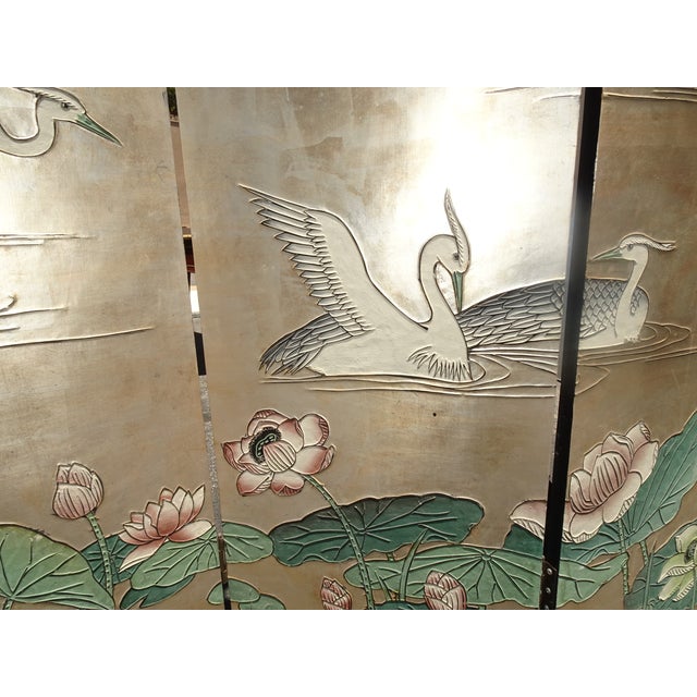 Vintage Silver Chinese Asian Six Panel Screen ~ Room Divider W Heron Birds For Sale - Image 14 of 18