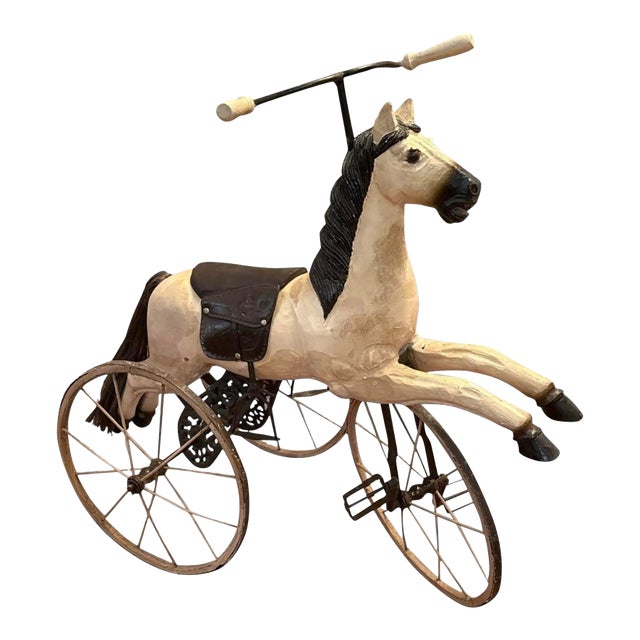 Vintage Victorian Style Hand Carved Wooden Childs Pedal Horse Tricycle For Sale