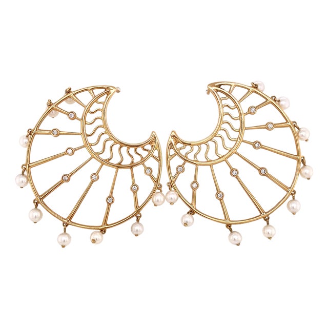 1990s 14k Gold Diamond & Dangling Pearl Pierced Earrings, A Pair For Sale