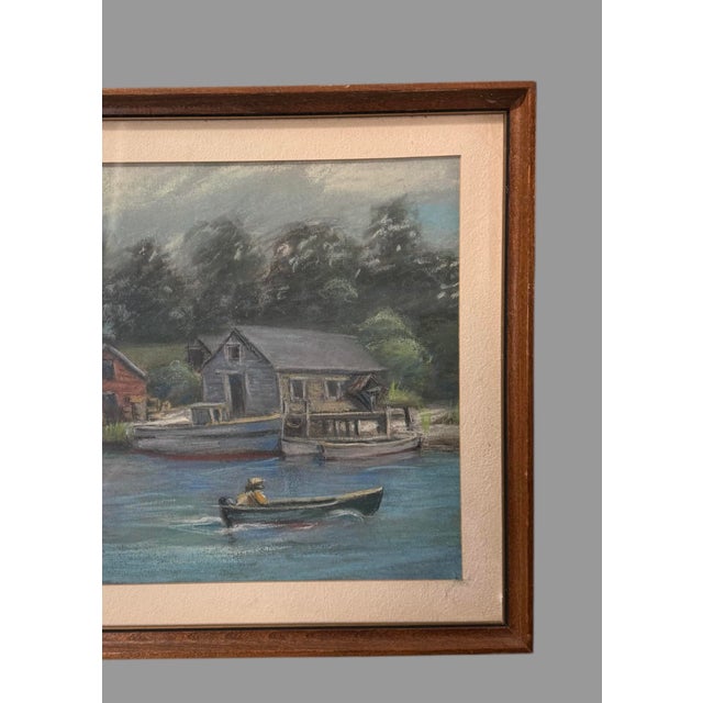 Rustic Vintage Rustic Riverside Landscape Framed Pastel Watercolor Painting With Boat For Sale - Image 3 of 6