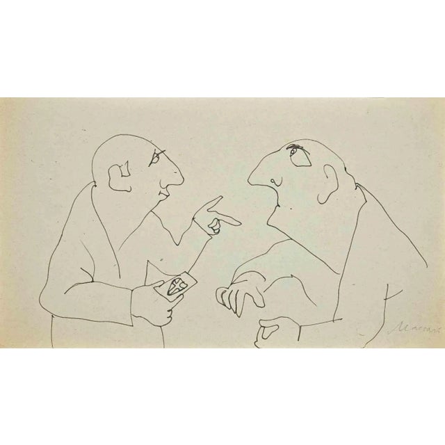 The Conversation is an original china ink drawing in pen on creamy paper realized by Mino Maccari in mid 20th century....