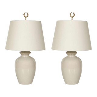 A Pair of White Ceramic Crackle Lamps With Linen Shades For Sale