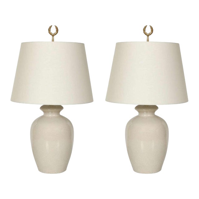 A Pair of White Ceramic Crackle Lamps With Linen Shades For Sale