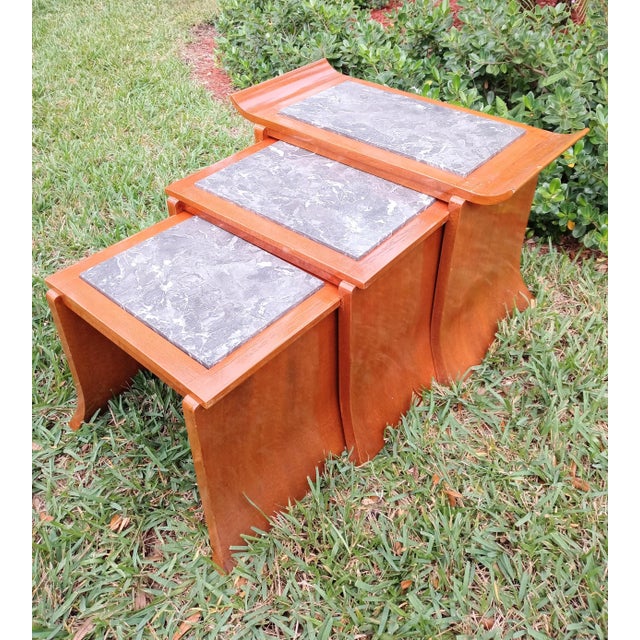 Chinoiserie Wood Grey Marble Pagoda Shaped Regency Nesting Tables- Set of 3 For Sale In West Palm - Image 6 of 13