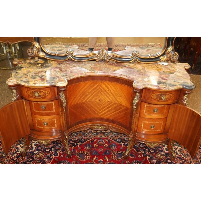 Wood 1920's French Style Marble Top Inlaid Walnut Vanity With Later Companion Mirror For Sale - Image 7 of 15