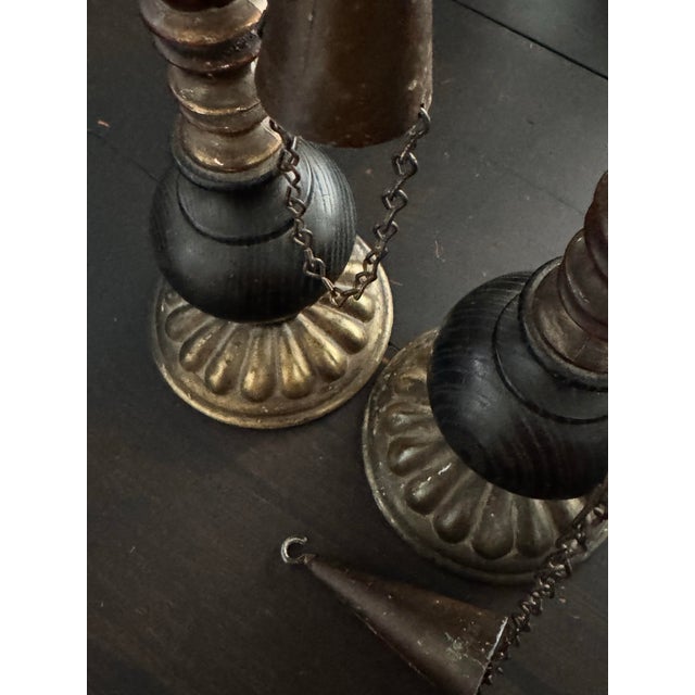 19th Century Tall Fireplace Pricket Candlesticks With Original Chain Snuffers | Pair For Sale - Image 4 of 5
