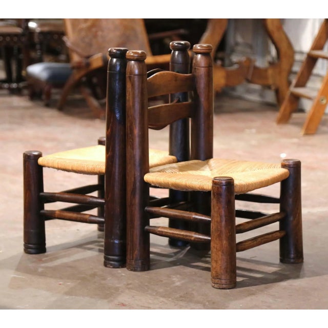 Brown Pair Early 20th Century French Walnut Rush Chairs Attributed to Dudouyt For Sale - Image 8 of 10