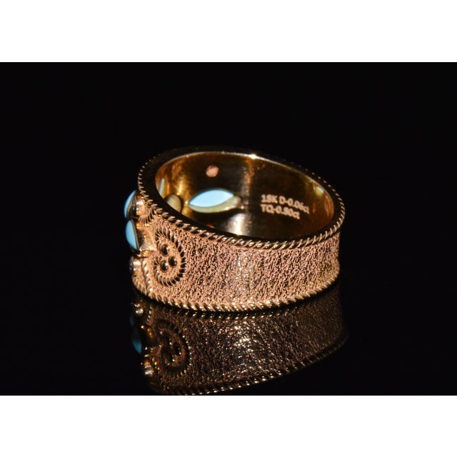 Early 21st Century Natural Diamond Turquoise 18k Solid Gold Byzantine Beaded Greek Ring Stacking Band Ring, Size 6 For Sale - Image 5 of 14