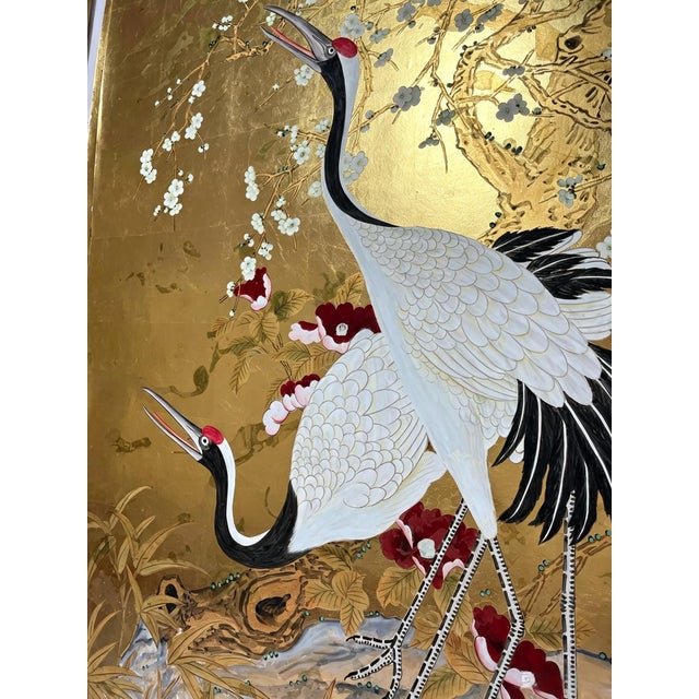 Chinoiserie Hand Painted Gold Leaf Wallpaper With Birds & Floral Chinoiserie Design, Luxury Oriental Wallcovering, Custom Made Decorative Wall Mural For Sale - Image 3 of 13