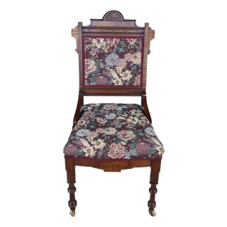Antique Victorian Eastlake Walnut Burl Carved Parlor Chair Tapestry Fabric For Sale