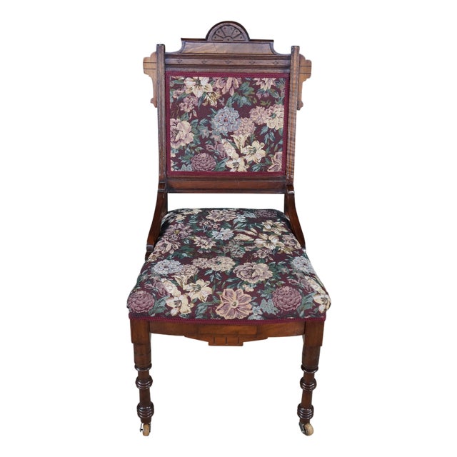 Antique Victorian Eastlake Walnut Burl Carved Parlor Chair Tapestry Fabric For Sale