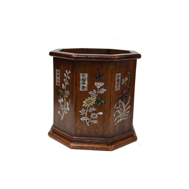 Chinese Brown Natural Patina Mother of Pearl Brush Pen Holder Art For Sale - Image 10 of 11