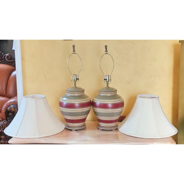 2020s Mid-Century Ceramic Hand Painted Table Lamps With Shades in Lava Gray, Burgundy and Beige- a Pair For Sale - Image 5 of 12
