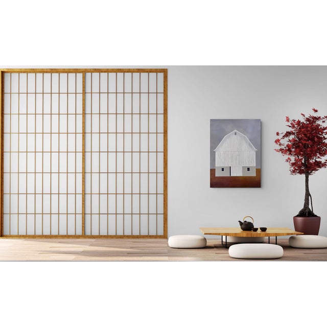 White So Many Stories to Tell by Justin Wheatley | Acrylic on Canvas White Barn With Rust Field For Sale - Image 8 of 10