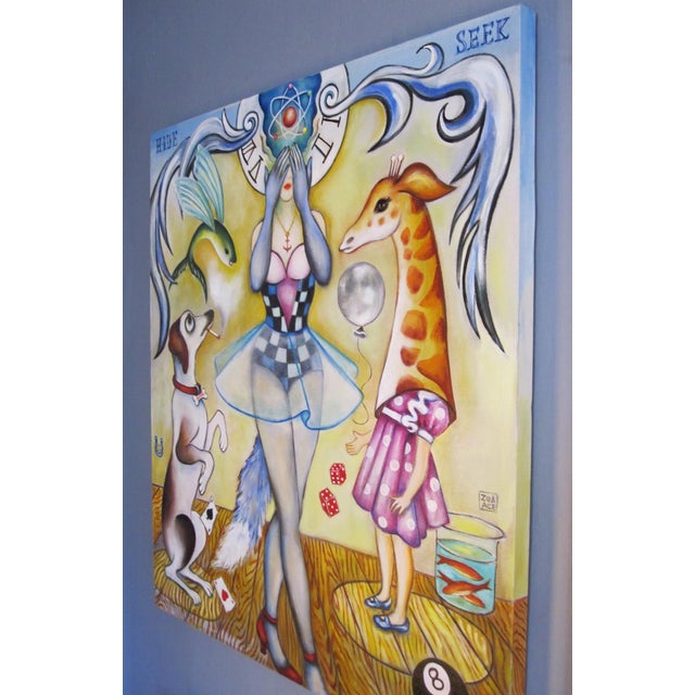 Hide and Seek by Zoa Ace | Oil on canvas Girl covering her eyes with animals and playful elements. For Sale - Image 4 of 5