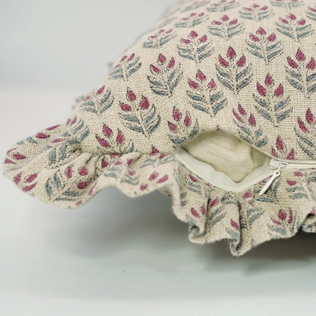Fabdivine Ethnic Block Print Frill Cushion Cover Pink 14x20 Inch Thick Linen- Alia For Sale - Image 4 of 5