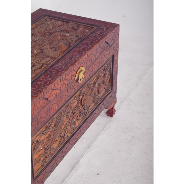 Antique Painted Oriental Carved Chest For Sale - Image 10 of 14