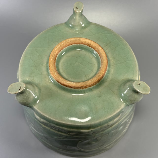 Ceramic Antique Chinese Celadon Tripod Censer With Carved Floral Motifs, Collectible Antique For Sale - Image 7 of 7