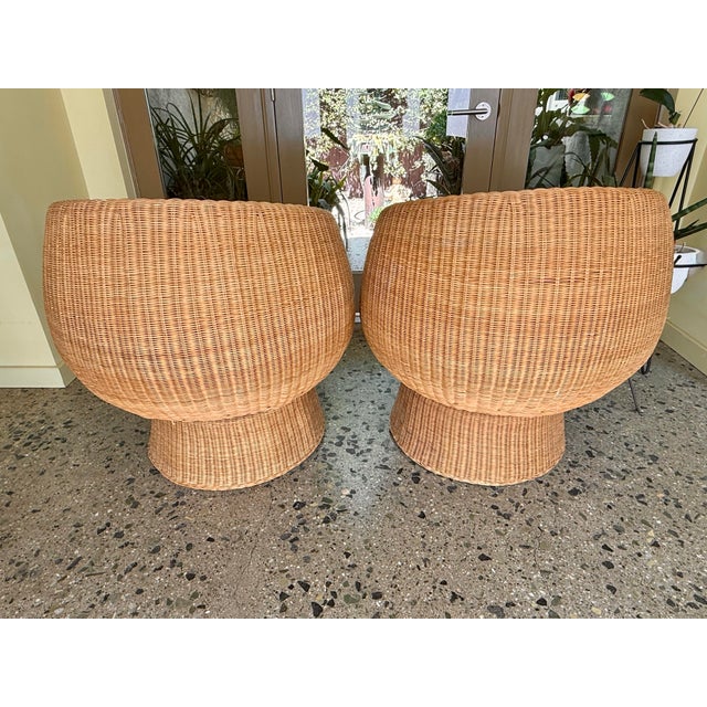 Mid-Century Modern 1970s Eero Aarnio Style Swivel Rattan Barrel Pod Chair Pair For Sale - Image 3 of 9