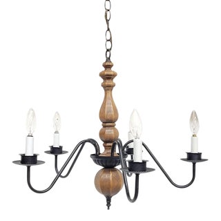Vintage Wood & Wrought Iron Black Metal Chandelier For Sale