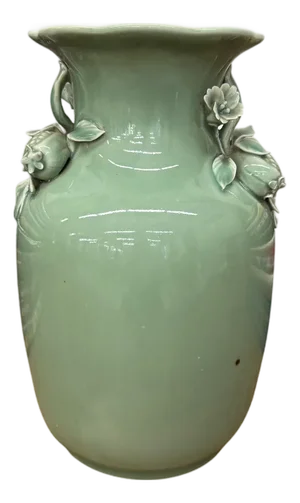 Green Ceramic Vase with Botanical Theme Handles