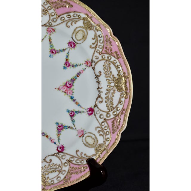 Antique Painted Porcelain Plate Nippon Encrusted Gold Pink Rose Garlands For Sale - Image 9 of 15