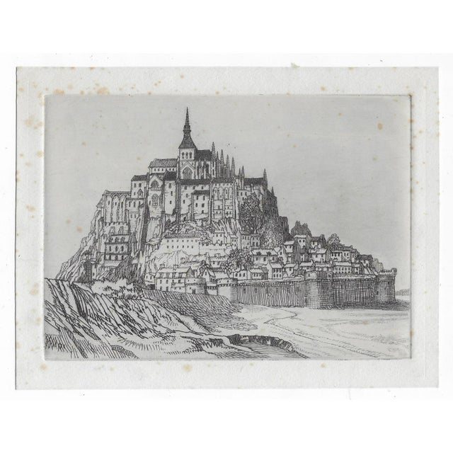 Antique French etching of Mont-Saint Michel in Normandy. Unsigned.