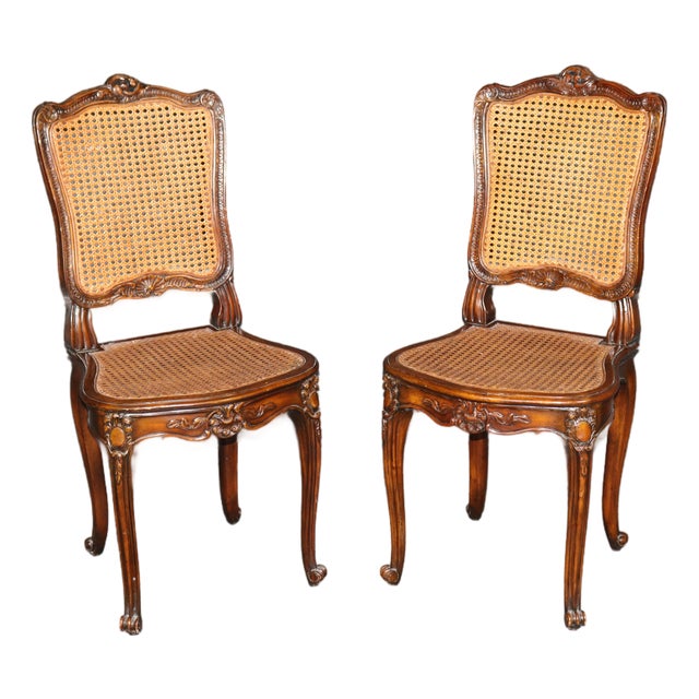 Pair Mid 20th C Louis XV Style Cane Back Side Chairs For Sale