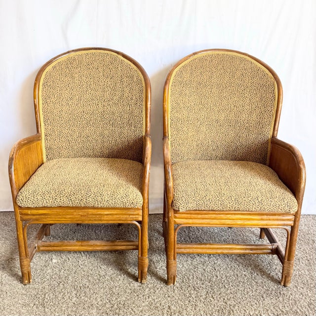 Boho Chic Boho Chic Pencil Reed Back Rattan Leopard Print Dining Arm Chairs - Set of 4 For Sale - Image 3 of 11