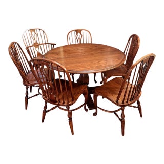 Vintage Nichols & Stone Oak Round Oval Dining Table Windsor Chairs 7p Set For Sale