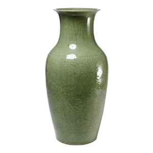 Huge Antique 19th Century Qing Dynasty Chinese Relief Green Celadon Pottery Vase