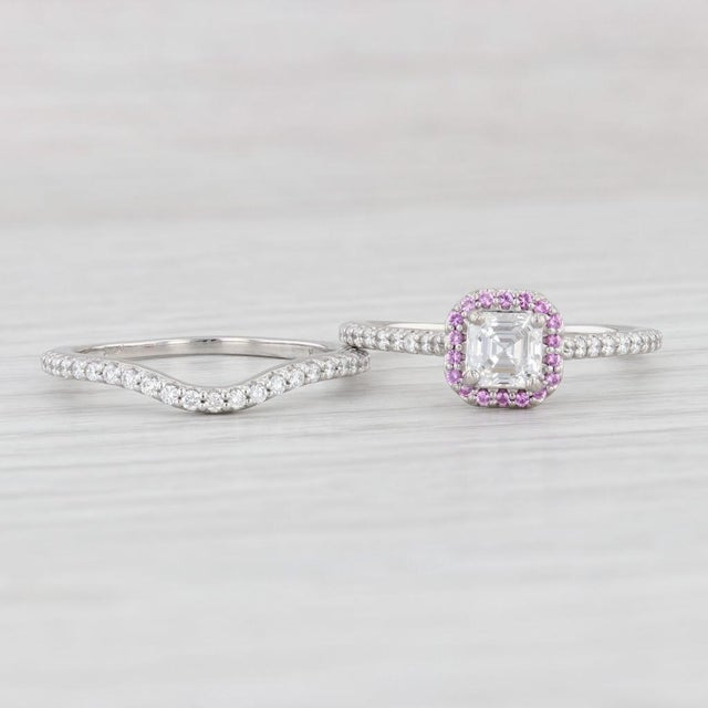 Gia 1.13ctw Diamond Pink Sapphire Halo Engagement Ring Wedding Band Set Platinum, Size 8 For Sale - Image 4 of 9