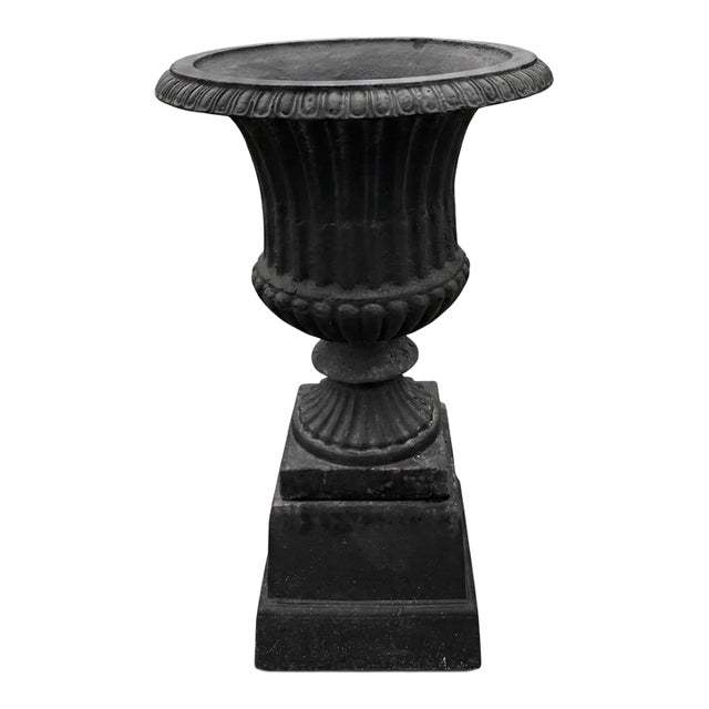 1970s French Neoclassical Style Fluted Cast Iron Garden Urn on Plinth Pedestal For Sale