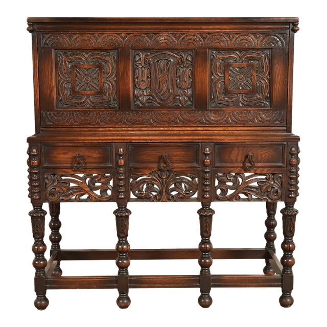 Lifetime Furniture Antique English Jacobean Carved Oak Drop Front Secretary Desk, Circa 1920s For Sale