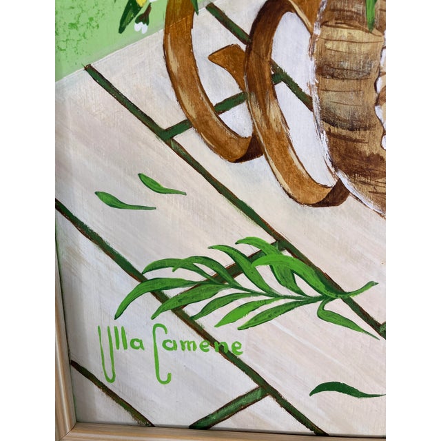 This lovely painting is colorful and happy! It is likely acrylic and is on board. Nicely framed and ready to display