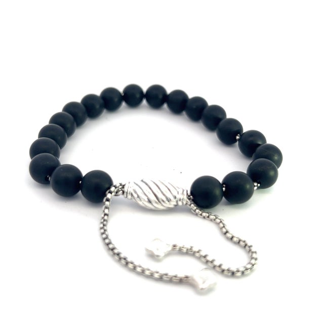 Silver 1990s David Yurman Estate Onyx Polished Beads Bracelet 6.6 - 8.5" Silver 8 mm For Sale - Image 8 of 10