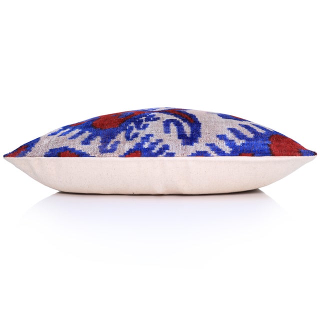 Blue Red Ikat Velvet Lumbar Pillow 16x24 | Handmade Luxury Accent For Sale - Image 4 of 7
