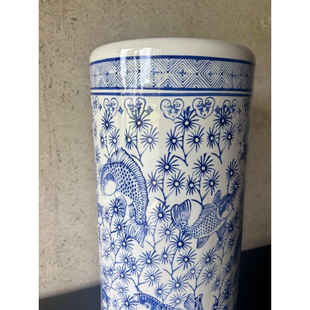 Mid 20th Century Vintage Chinese Blue and White Porcelain Fish Umbrella Stand For Sale - Image 5 of 6