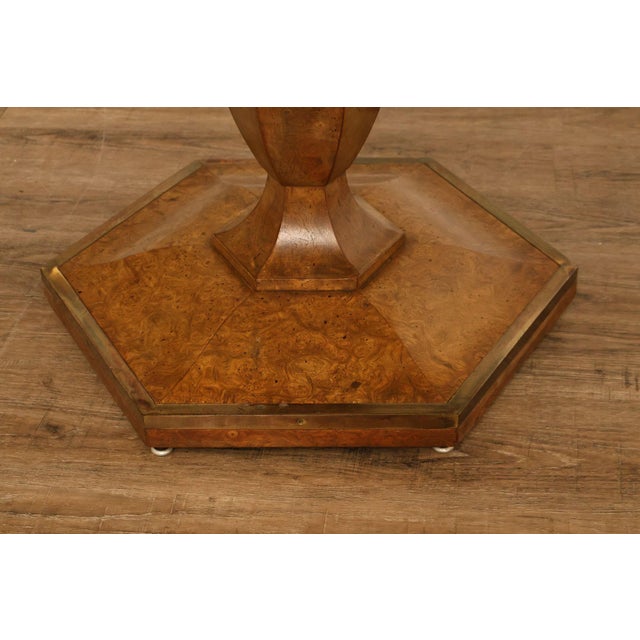 Brown Mastercraft Hollywood Regency Burlwood Pedestal Expandable Dining Table For Sale - Image 8 of 18