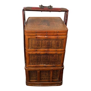 Large 36” Vintage Chinese 3-Tier Bamboo Rattan Wedding Basket, Republic Period Chinoiserie Decor For Sale